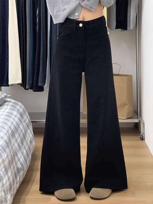 阔腿A版牛仔裤女大码黑色宽松不贴腿喇叭裤高腰显瘦梨形身材裤子|undefined