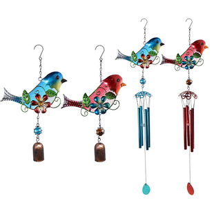 Embossed Glass Bird Bell Crafts Red and Blue Bird Wind Chime Hanging Metal Glass Cross-Border Decoration