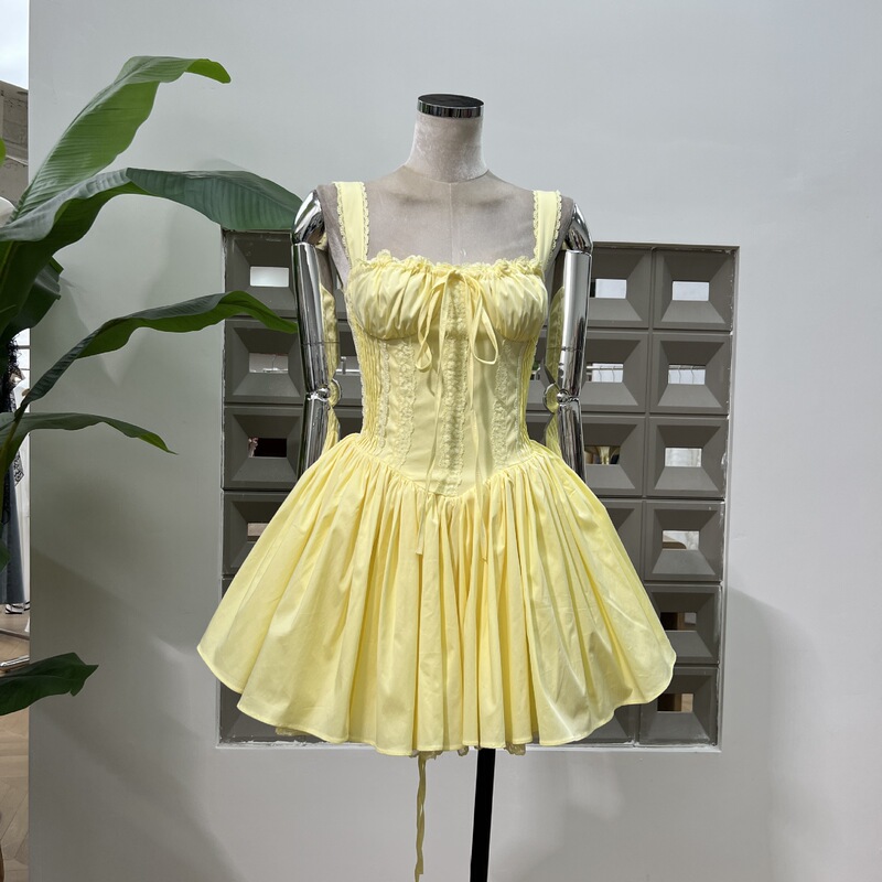 Amazon Girl Sweet Summer 2025 新しいスタイルのレースアップウエストオルガンプリーツバレエスタイルドーパミンドレス|undefined