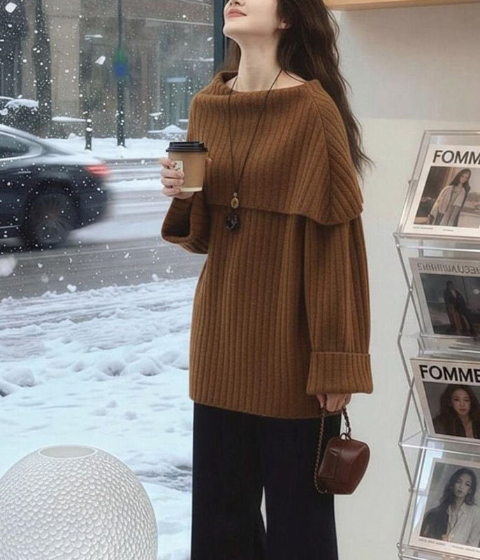 Chic and Unique, Beautiful Coffee-Colored Collared Mid-Length Knitted Inner Top for Women, Stylish Base Layer for Autumn and Winter Chic and Unique, Beautiful Coffee-Colored Collared Mid-Length Knitted Inner Top for Women, Stylish Base Layer for Autumn and Winter