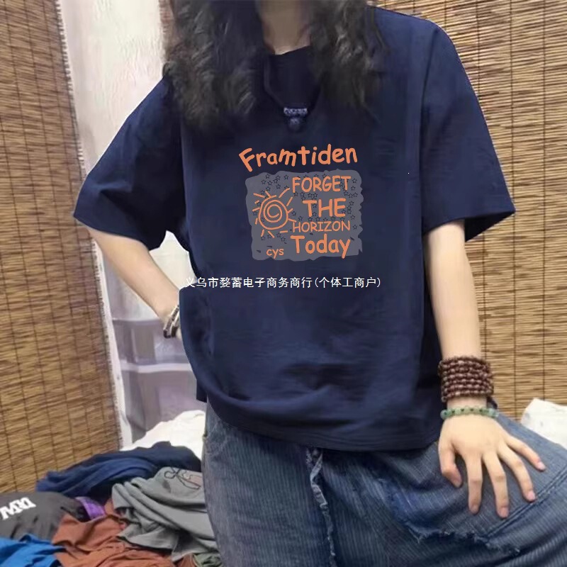 Summer new style pure cotton navy blue short-sleeve T-shirt for women, plus size, loose fit, ins high street style, unique and slimming base shirt top Summer new style pure cotton navy blue short-sleeve T-shirt for women, plus size, loose fit, ins high street style, unique and slimming base shirt top