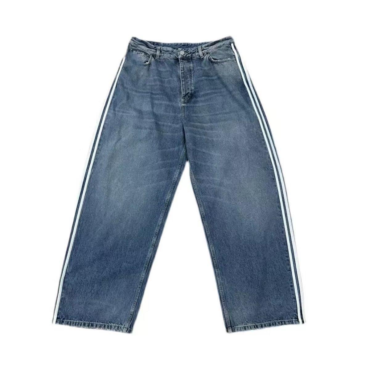 2023 primavera nuevo americano retro de tres barras de perfil lavado azul de pierna ancha jeans rectos para hombres