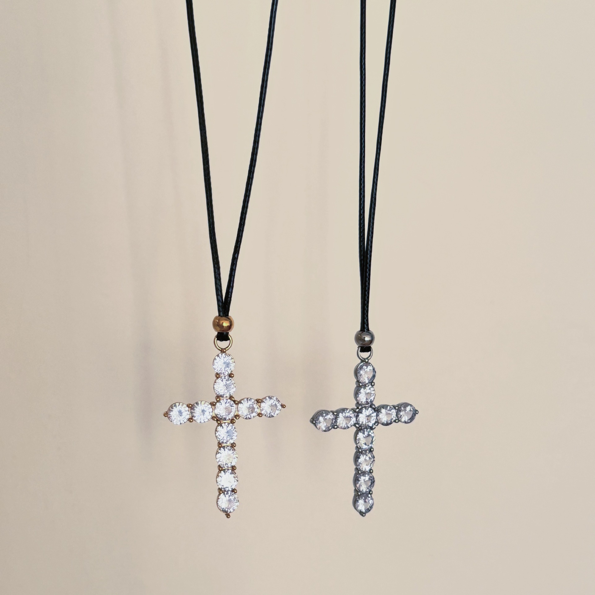17g Weight Leather Rope Titanium Steel Retro Cross Plating Inlay Zircon Pendant Necklace