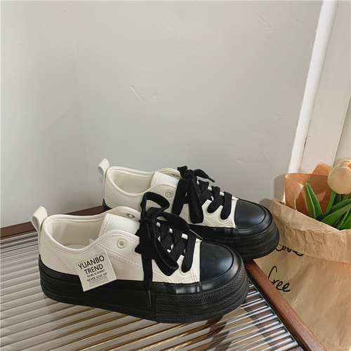  Autumn Korean Style Versatile Fashion PU Leather Canvas Flat Shoes for Women, Harajuku Hong Kong Style Casual Women's Shoes for Dropshipping