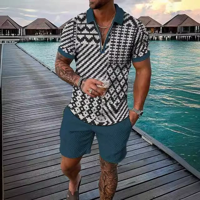 Ретро 3D Print Мужская спортивная одежда Повседневная рубашка с молнией и воротником Поло Шорты 2 комплекта Мужская одежда