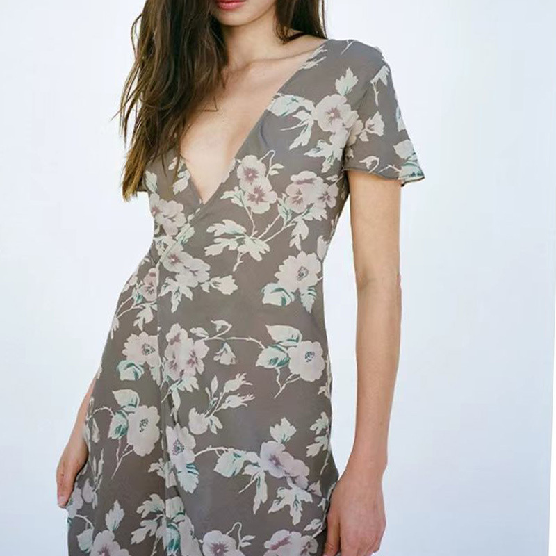 Silk Gray French Short-Sleeve Tea Break Dress, Wrap-Around Long Dress, 2026 Summer New French Dress