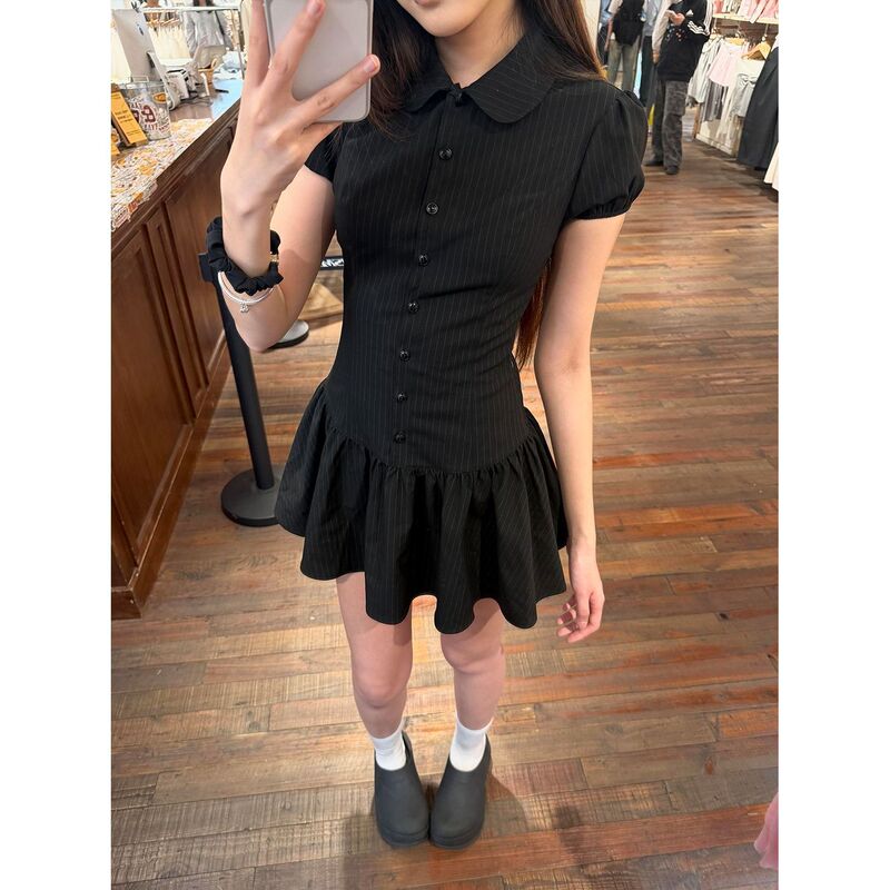 In-Stock Korean-Style Elegant Black Striped Waist-Cinching Slimming Short-Sleeve Dress for Women, Summer Casual Versatile Short Dress
