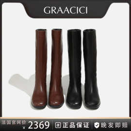 小众轻奢靴子长筒靴女保暖2025年秋冬季新款圆头漆皮通勤女式皮靴