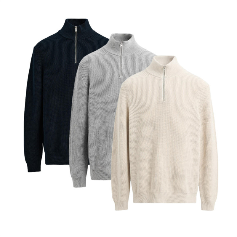 Autumn New Men's Fashion Trendy Half-High Collar Zipper Cotton Ribbed Long-Sleeve Knit Sweater 3332300