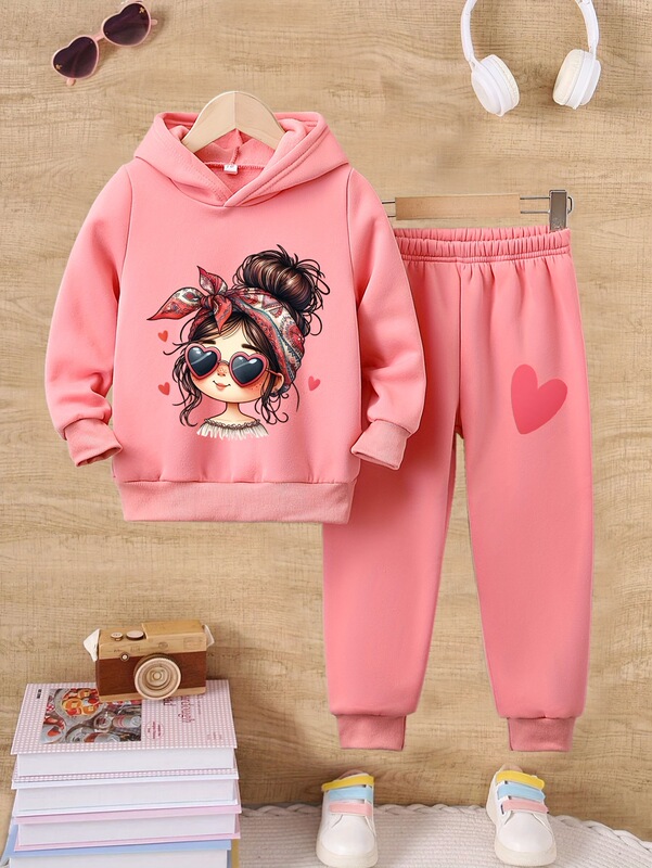 Girls Fashion 2-Piece Set, Cartoon Print Hoodie and Jogger Pants, Plaid Polyester Blend, Casual