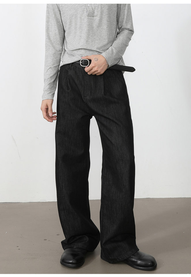 Quần jean nam ống rộng lưng trung, phom suông thoải mái, vải denim phối lụa sợi tổng hợp xếp li nhẹ — Cao bồi xanh, Cao bồi đen, Màu cà phê đậm chi tiết 19