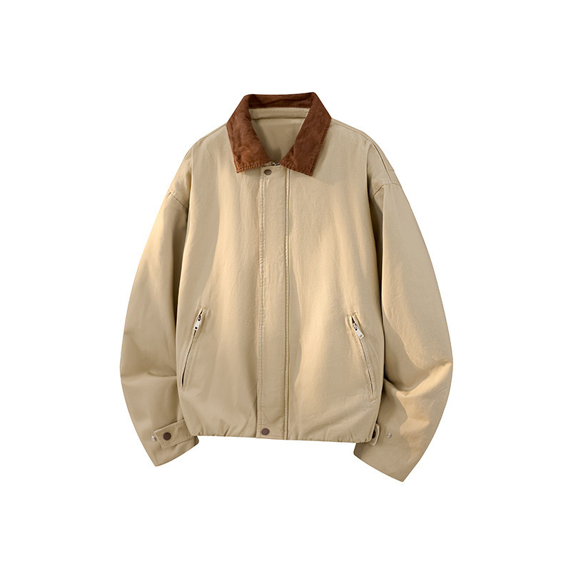 Jack Chuan Yang retro barn-style jacket for men, with a turn-down collar and contrasting color panels, simple and loose-fitting, in the old money style Jack Chuan Yang retro barn-style jacket for men, with a turn-down collar and contrasting color panels, simple and loose-fitting, in the old money style