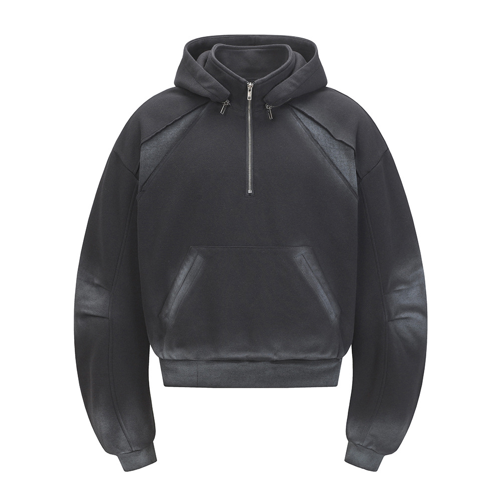 Wasteland Style Spray Paint Vintage Dirty Hoodie For Men With Detachable Hat Design Half-Zip Stand Collar Sweatshirt_voghion.com