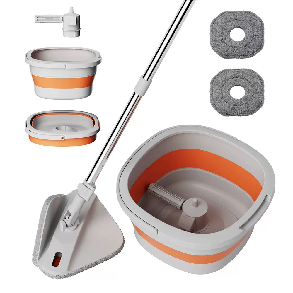 定制 跨境加厚硅胶折叠桶拖把mop 旋转拖把可折叠拖把桶平板拖把