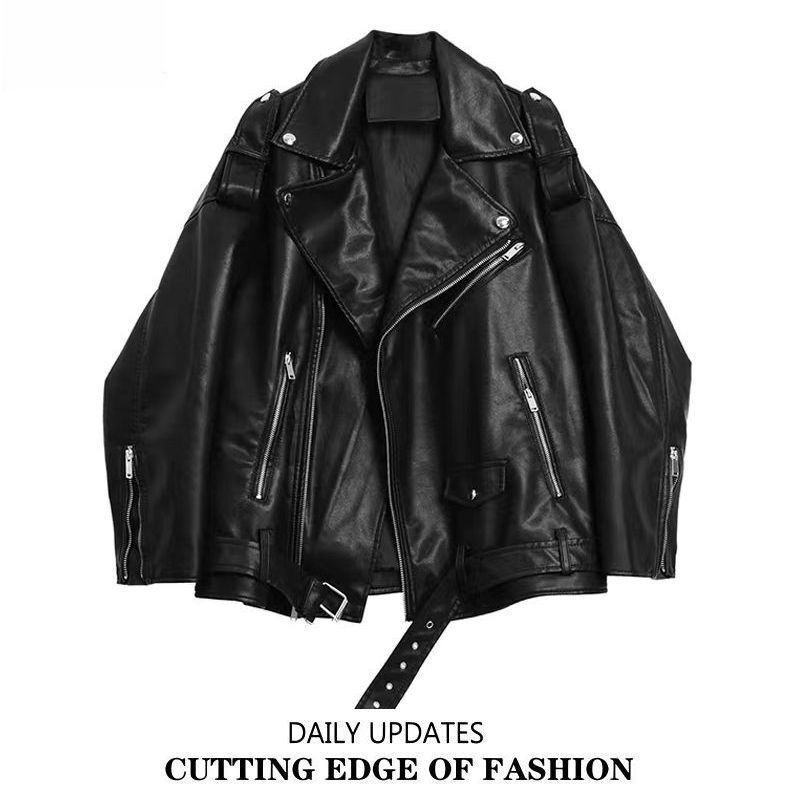 Sweet Cool Spicy Girl Pu Leather Black Jacket Women's Spring New Plus Size Loose Motorcycle Jacket