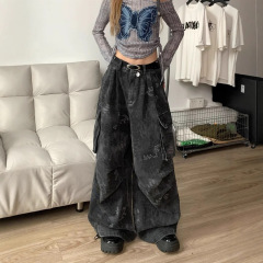 アメリカンヒップホップレトロ迷彩スネークプリントワイドレッグジーンズ女性用スリムルーズドレープフロアレングスマルチポケットオーバーオール