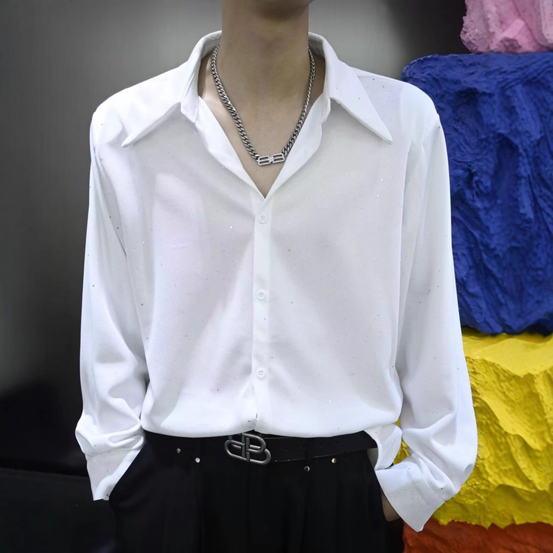 Cross-Border 2025 Summer New Trendy Personalized Baby's Breath Rhinestone Shirt Men's Long-Sleeve Casual Versatile Top