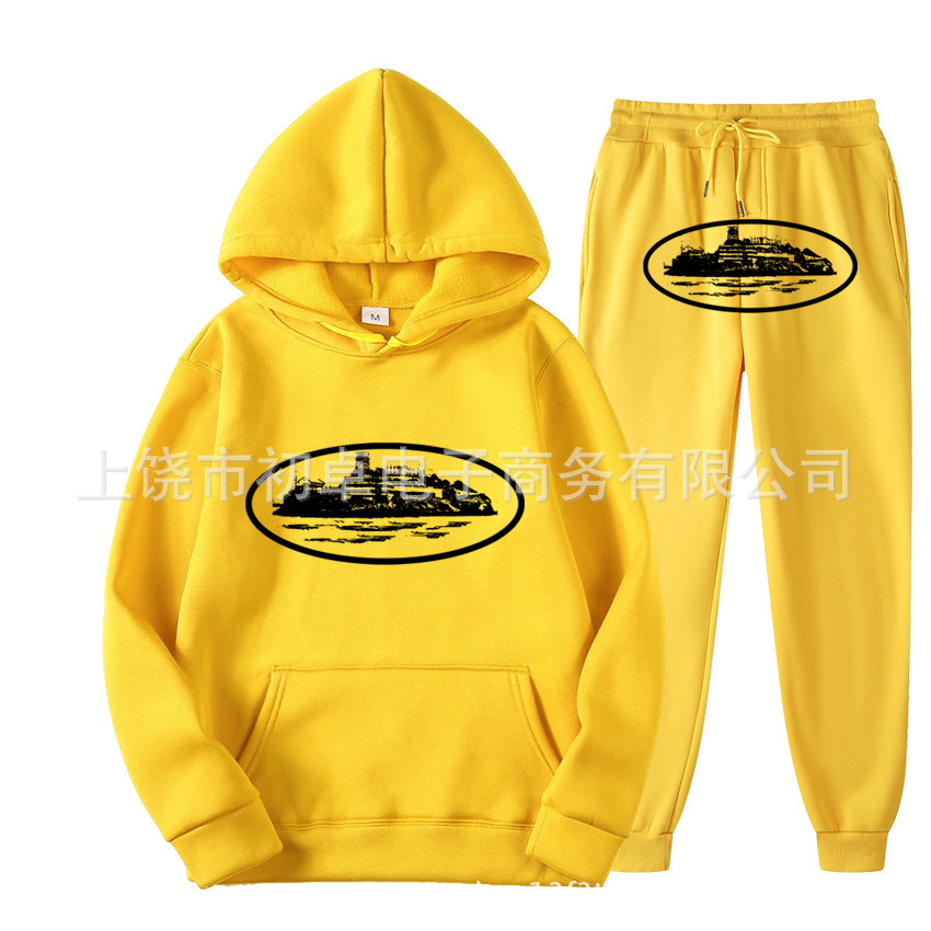 Europeo y americano clint419 diablo prisión patrón hombres y mujeres mismo suéter traje impreso con capucha conjunto de dos piezas al por mayor