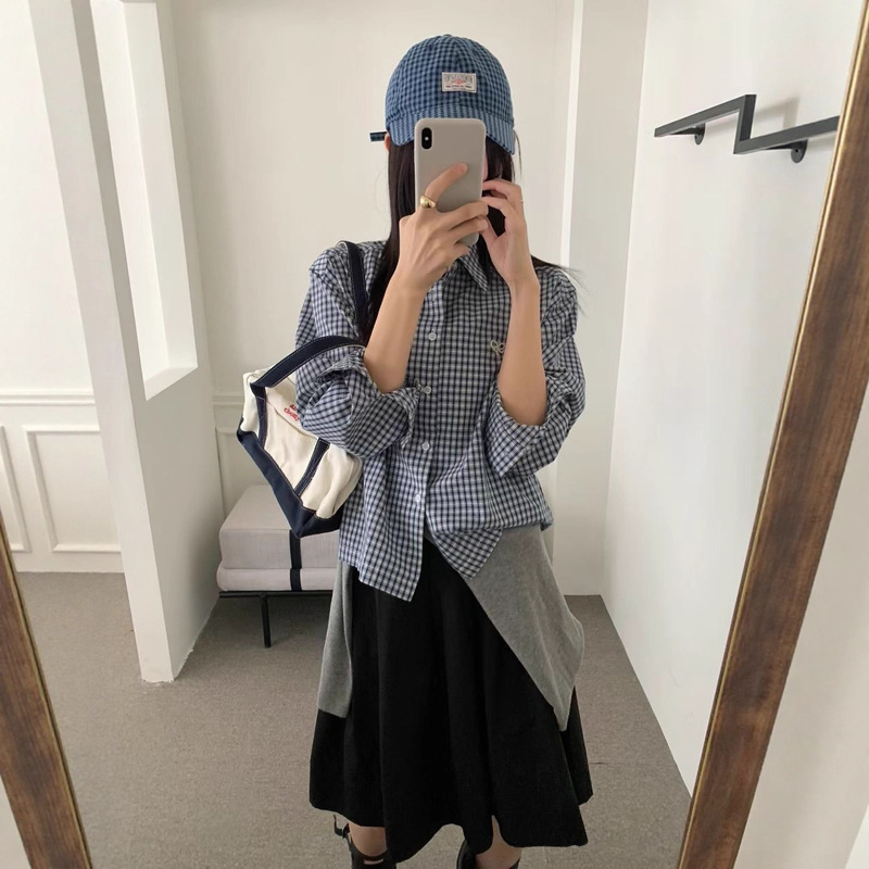 2025早秋韩系复古格子衬衫女小个子秋冬通勤宽松长袖刺绣衬衣上衣|undefined