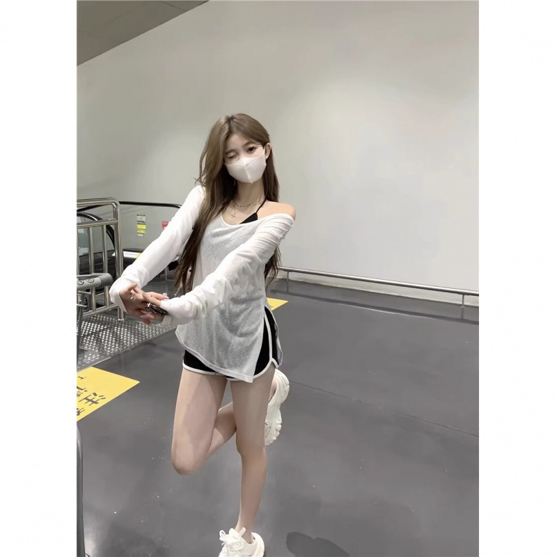 スイートドーパミンウェアニット長袖ブラウストップイエローTシャツレディース夏ラージラウンドネック非対称日焼け止めシャツ|undefined