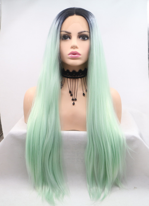 Amazon AliExpress verde pálido largo recto cos pelucas frente encaje cubierta de cabeza LW0328