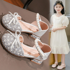 Girls' Summer 2025 New KOREAN Style Soft Sole Children's High Heels for Big Kids, Water Diamond Little Girl Princess Shoes