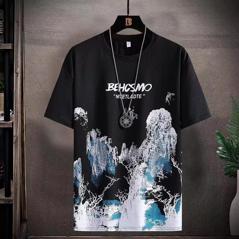 Camiseta de manga corta para hombres, ropa de manga corta, Top con marca de agua de moda de estilo chino, pintura de tinta, pintura de paisaje, verano Nuevo