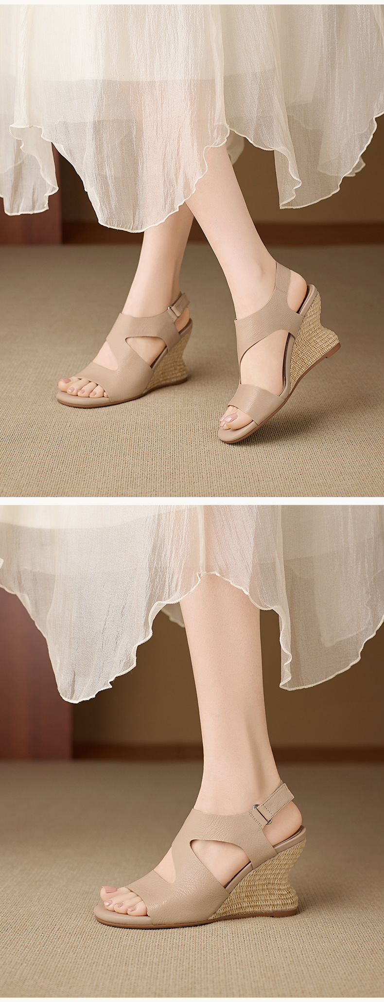 Sandal cao gót nữ quai ngang mũi hở chất liệu da cừu, đế cao gót bọc cói, khóa dán tiện lợi — màu trắng ngà, màu mơ chi tiết 9