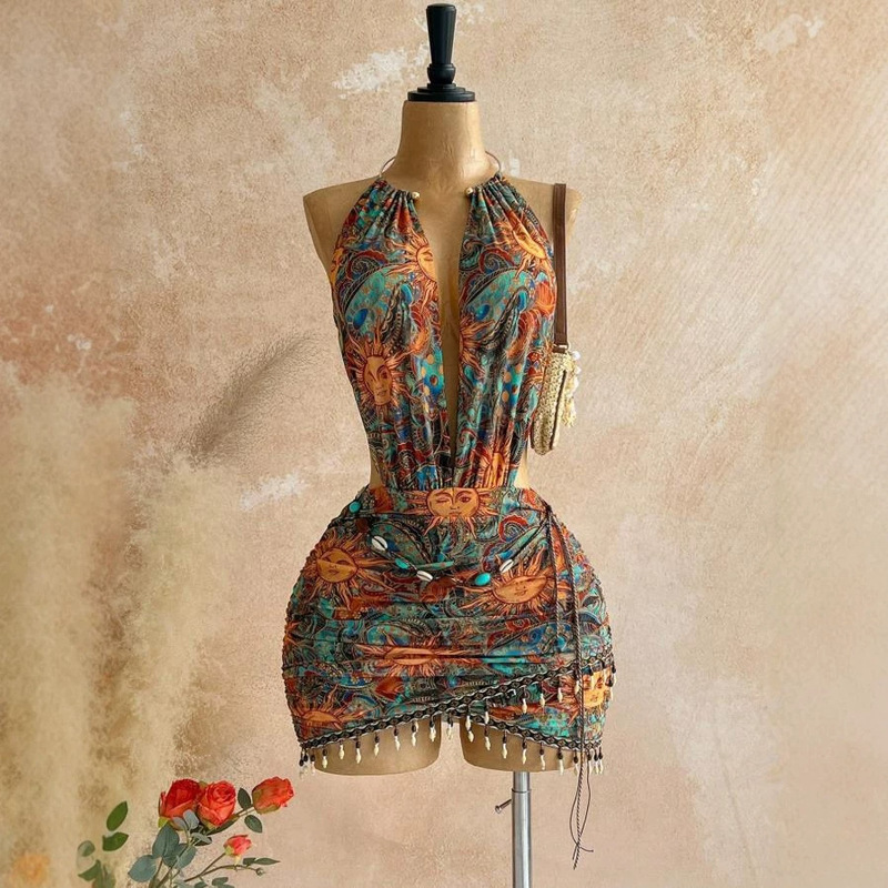European and American Cross-Border 2026 Summer Sexy Mesh Retro Pattern Backless Halter Beaded Tight Mini Dress for Women European and American Cross-Border 2026 Summer Sexy Mesh Retro Pattern Backless Halter Beaded Tight Mini Dress for Women
