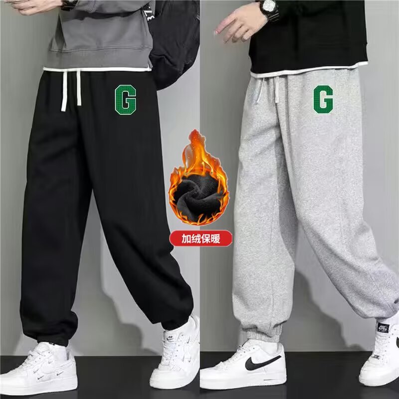 Autumn and Winter Men's Jogger Pants with Lettering, Fleece-Lined, Knitted Cotton, Cuffed Sweatpants, Loose Fit, Plus Size, Fashionable Casual Pants Autumn and Winter Men's Jogger Pants with Lettering, Fleece-Lined, Knitted Cotton, Cuffed Sweatpants, Loose Fit, Plus Size, Fashionable Casual Pants