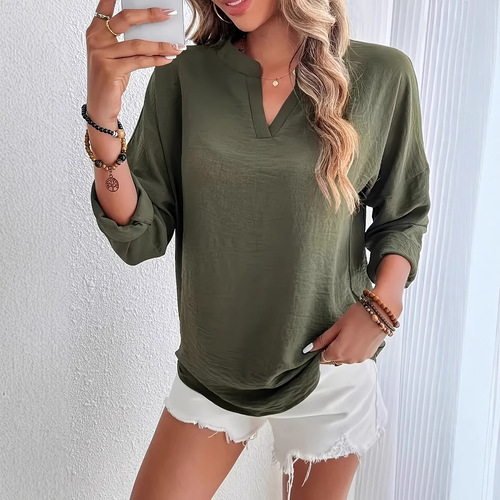 Euro-American 2025 Summer V-neck Solid Color Fashion Casual Long-sleeve Shirt for Women, Light Luxury and Elegant
