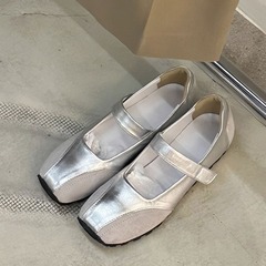 牛皮版~真皮銀色魔術貼淺口單鞋女新款夏季法式芭蕾瑪麗珍鞋