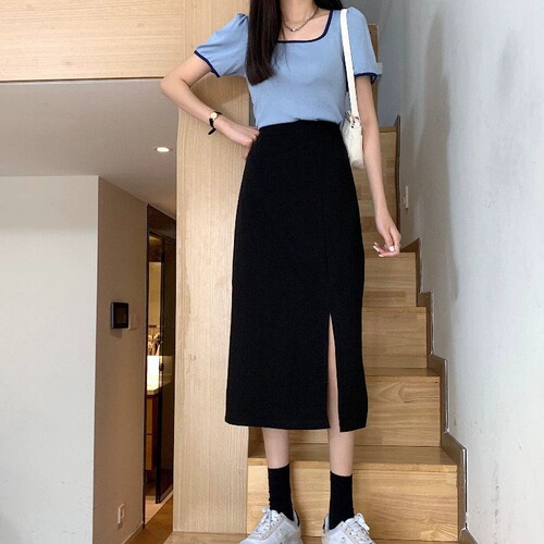 High-waisted women's A-line 20 autumn long skirt black half skirt chic23 petite size new dress unique design