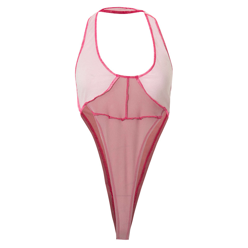 Mono de uso inverso con cuello en V y costuras de malla transparentes con cuello halter NSMG113119