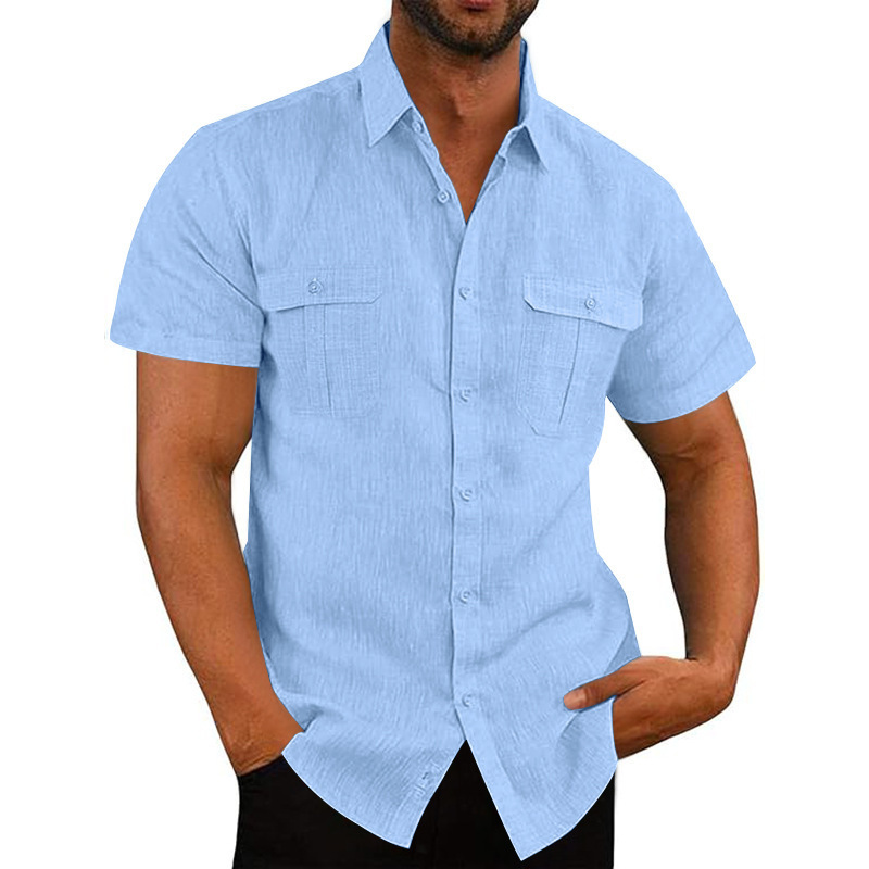 Transfronterizo Europa y América Amazon 26 camisa de verano de hombre de manga corta bolsas de color sólido Cardigan camisa de lino con solapa suelta
