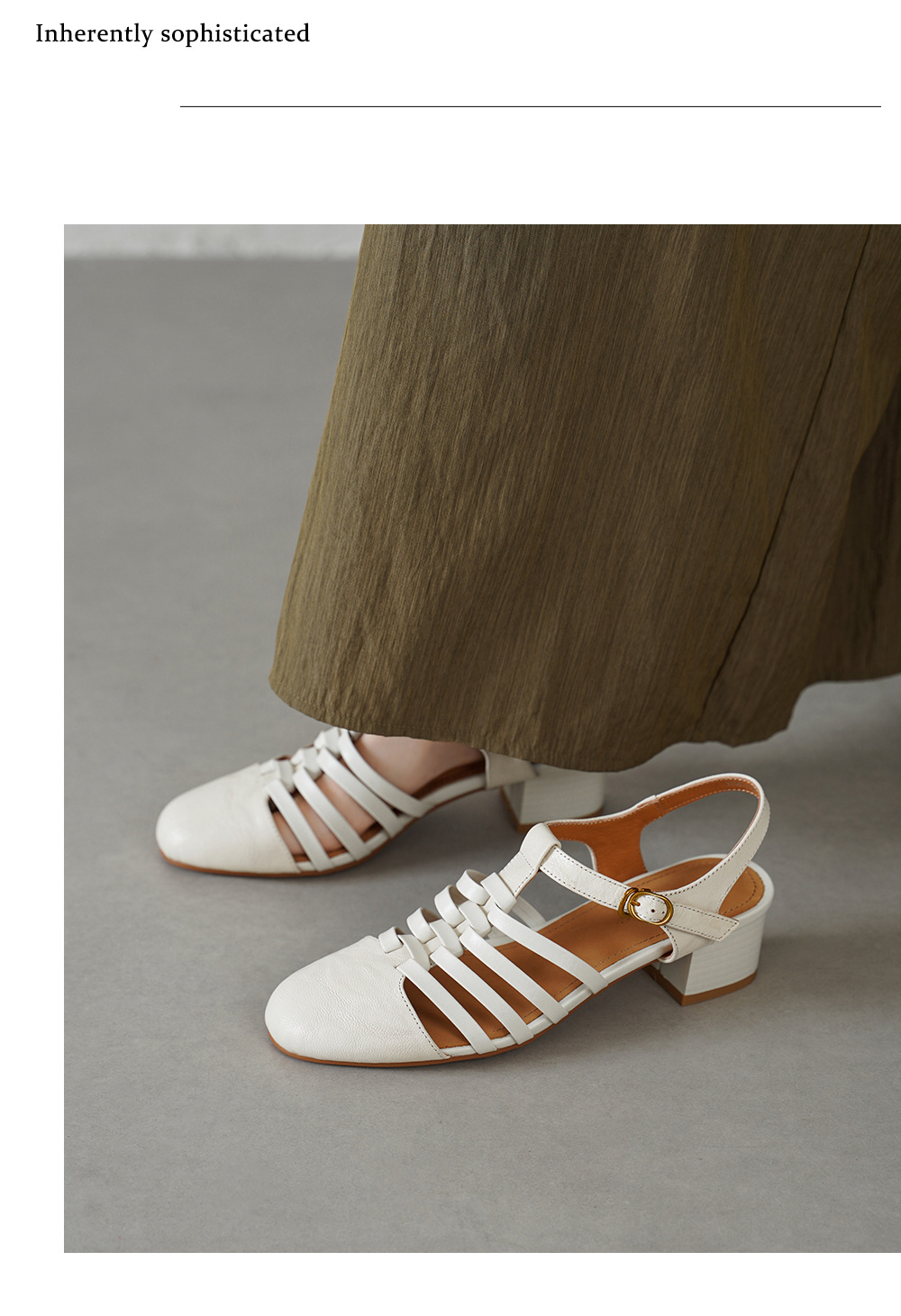 Sandal nữ cổ điển mũi nhọn quai T khóa, gót 5 cm, da cừu mềm — màu trắng ngà chi tiết 7