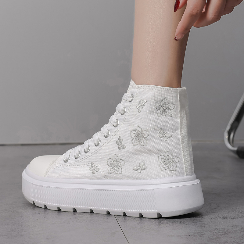 Four Seasons Outdoor plus size Women's Shoes Flower Butterfly Embroidered High-top Canvas Shoes Lightweight Lace-up White Casual Shoes European Size