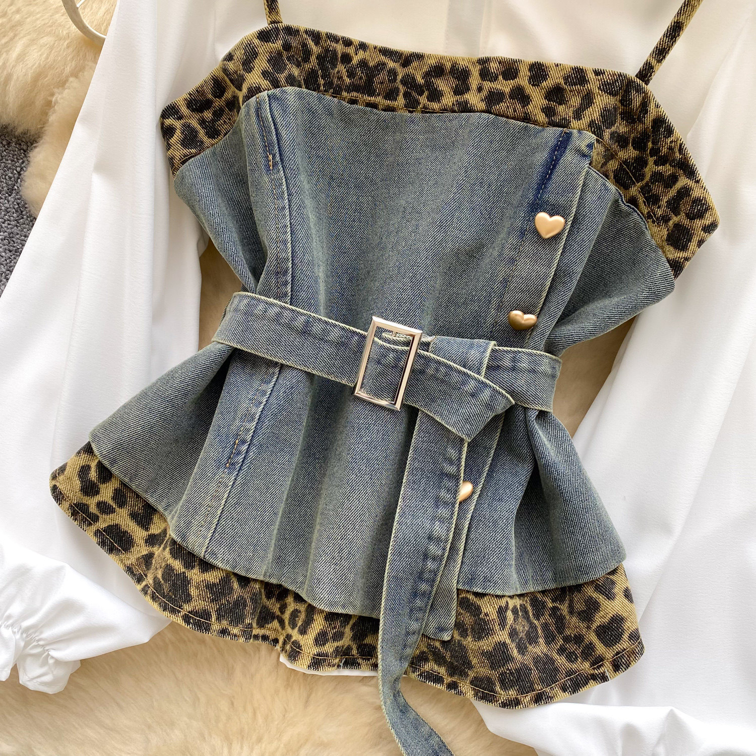 French Retro Women's Leopard Print Two-piece Vest Set With Belt_voghion.com