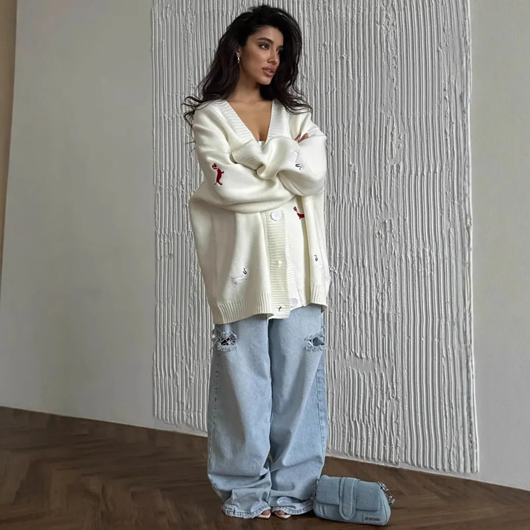Cross-Border Hot Girl Style Woolen Single-Breasted Dachshund Embroidered Sweater Coat Trendy Fashion Personality Loose Casual for Women