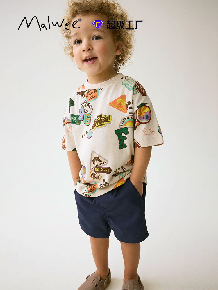 Traje de niño malwee transfronterizo verano nuevo estilo camiseta de cuello redondo pantalones de cintura elástica para niños pequeños y medianos europeos y americanos ropa casual