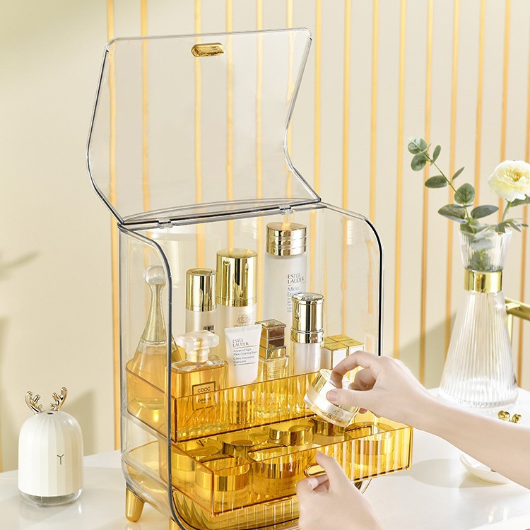 Fengqian caja cosmética transparente de lujo ligero con tapa caja de almacenamiento a prueba de polvo joyería estante de almacenamiento de escritorio ceja lápiz en polvo pastel lápiz labial