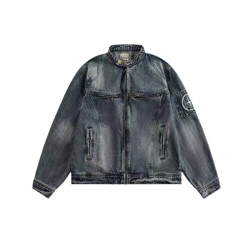 Autumn and Spring Japanese Retro Embroidered Washed Denim Jacket for Men and Women BF Style Loose Blue Work Top