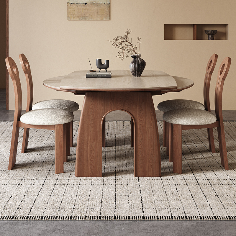 Retractable Round Travertine Slate Dining Table Wabi-Sabi Retro Style Square and Round Dual-Purpose Folding Small Solid Wood Dining Table