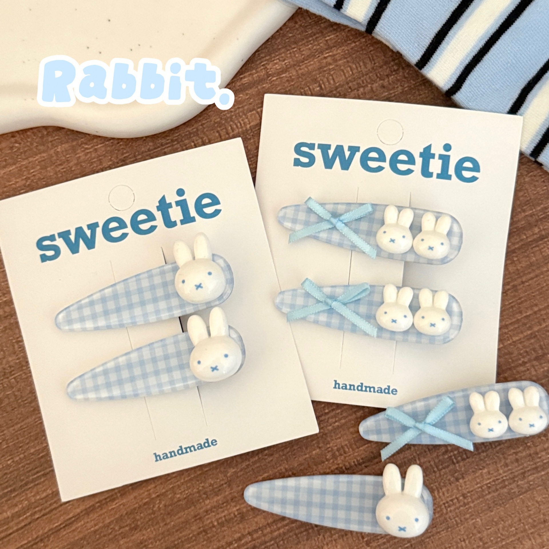 Milk Blue Plaid Bunny Hairpin Girl Sweet Bangs Clip Side Clip Kidsren's Hair Clip Cute Duckbill Clip Hair Accessories