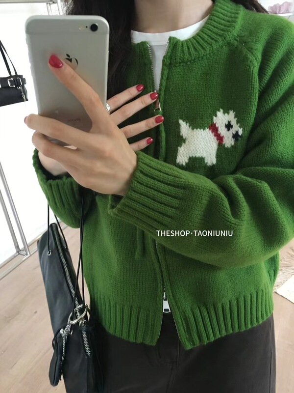 复古设计感卡通小狗圆领双拉链毛衣外套女秋冬宽松减龄针织开衫|undefined