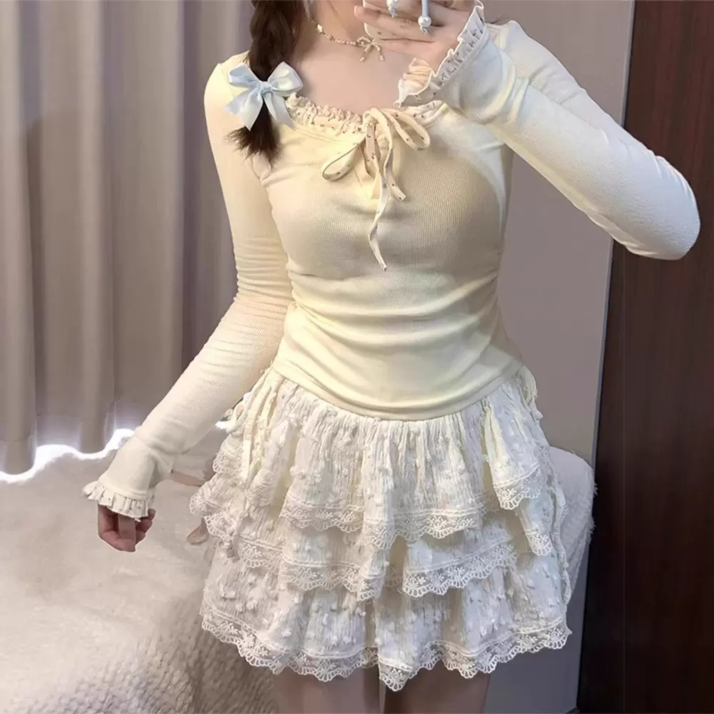 辣妹纯欲风性感蕾丝边蛋糕裙女甜美高腰奶油半身裙小个子蓬蓬短裙