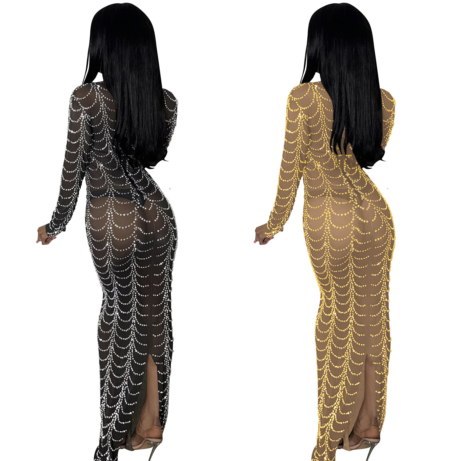 X5351 AliExpress Amazon moda europea y americana nueva sexy nightclub caliente rhinestone malla perspectiva Vestido de manga larga image 7
