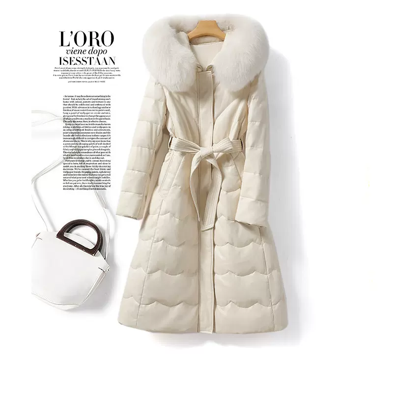 真皮羽绒服女中长款系带连帽狐狸毛领绵羊皮海宁白鸭绒外套女皮衣