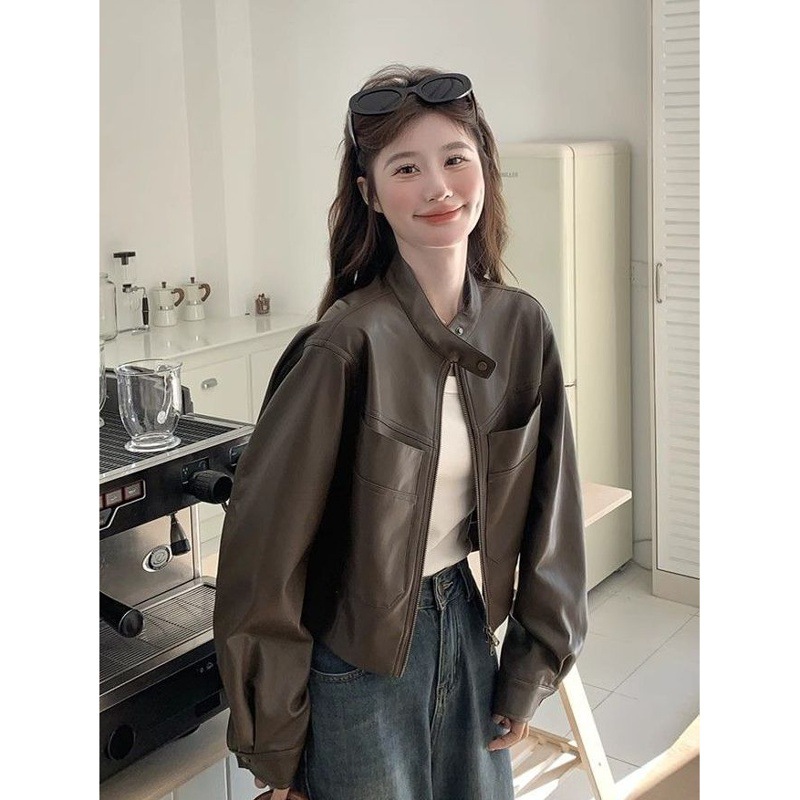 Korean-Style Leather Jacket Dopamine Slimming Coat Spring and Autumn New Vintage Versatile Women's Pu Leather Jacket
