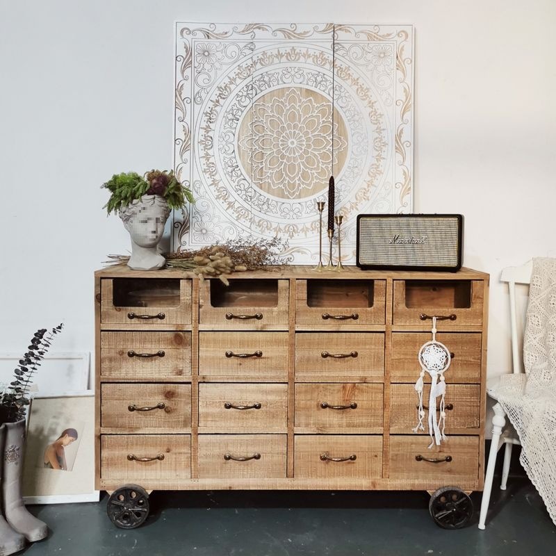American Retro Cabinet, Antique Solid Wood Sideboard with Wheels, French-Style Distressed Multi-Drawer Storage Cabinet